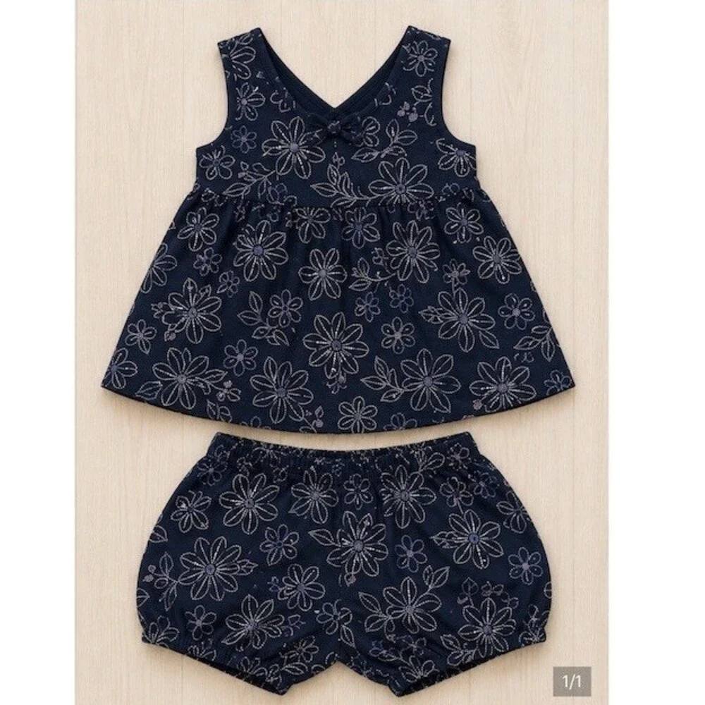 Carter's Girls Outfit Set Size 4T Navy Floral Tank Top & Shorts 2-Piece